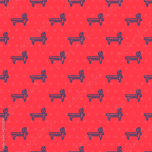 Blue line Bench with barbel icon isolated seamless pattern on red background. Gym equipment. Bodybuilding, powerlifting, fitness concept. Vector.