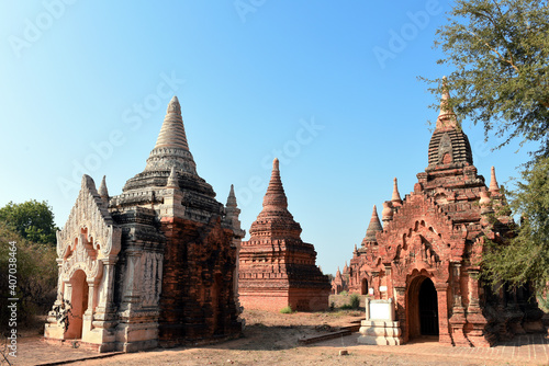 view to the ruins at the valley of Bagan with its ancient buddhist pagodas  Myanmar  Burma  
