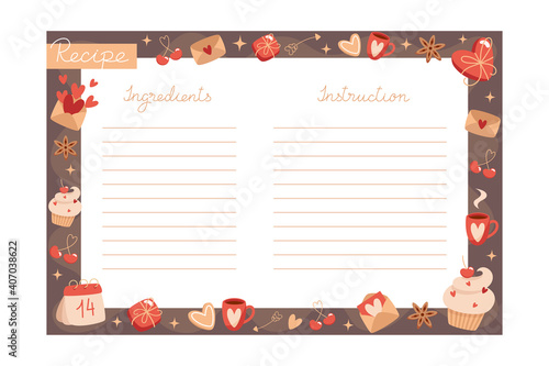 Valentines Day holiday baking recipe template with ingredients and instructions