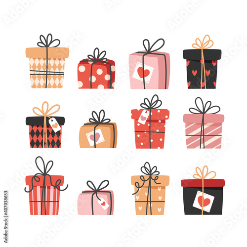 Collection of valentine's day gifts in flat style, set of different boxes