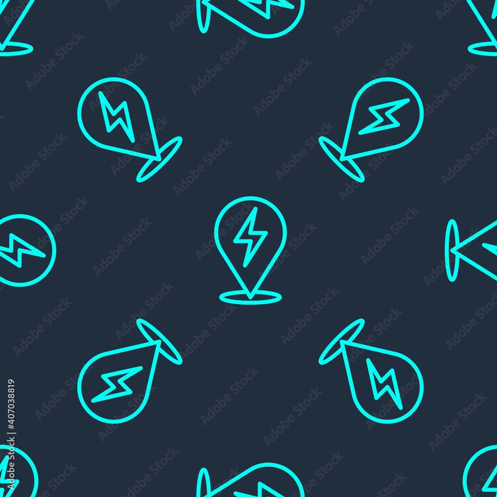 Green line Lightning bolt icon isolated seamless pattern on blue background. Flash icon. Charge flash icon. Thunder bolt. Lighting strike. Vector. Green line Lightning bolt icon isolated seamless pattern on blue background. Flash icon. Charge flash icon. Thunder bolt. Lighting strike. Vector.