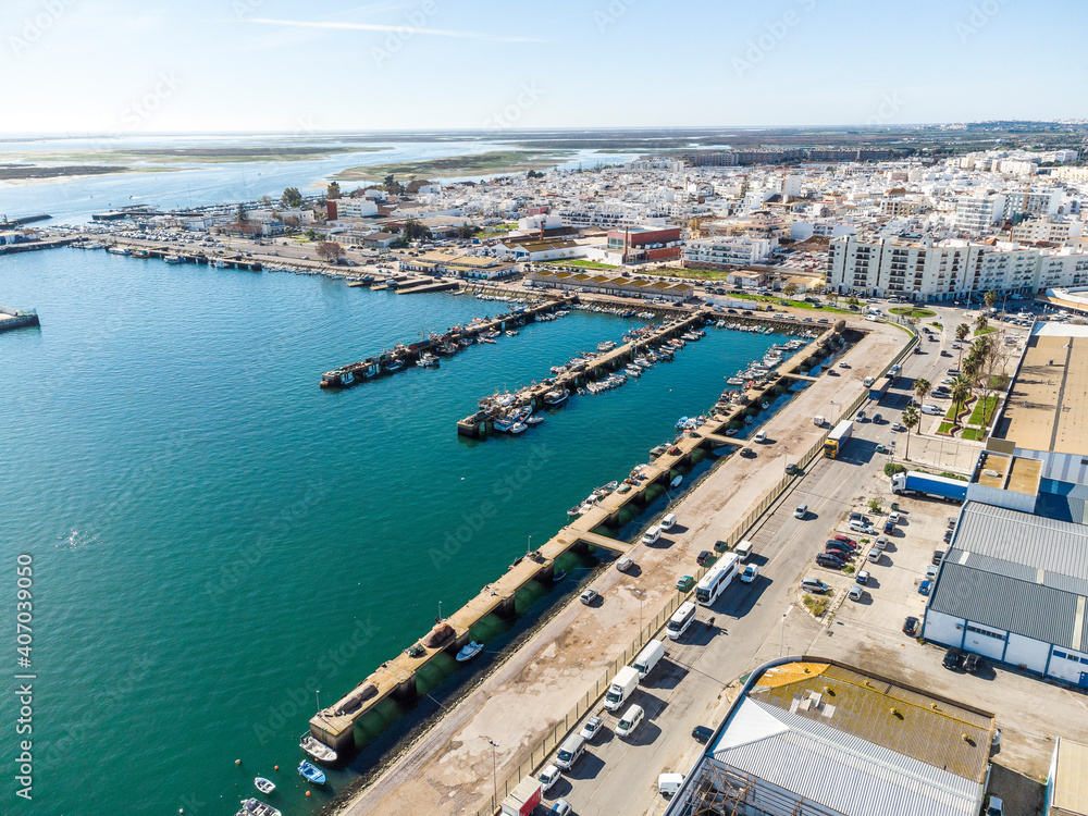 Aerial view of fishermen's harbor in Olhao, Algarve, Portugal