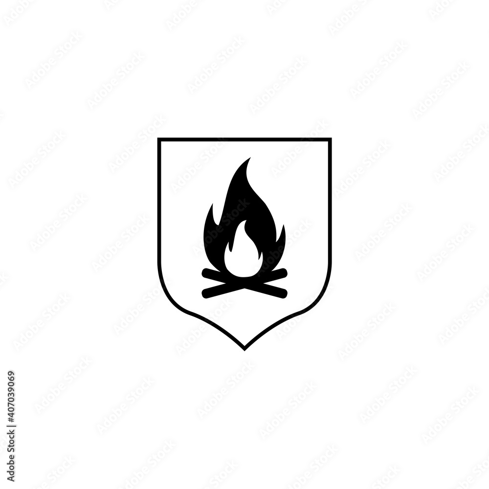 Fire logo with shield concept isolated on white background