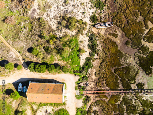 Aerial view of Ria Formosa Natural Park in Olhao, Algarve, Portugal