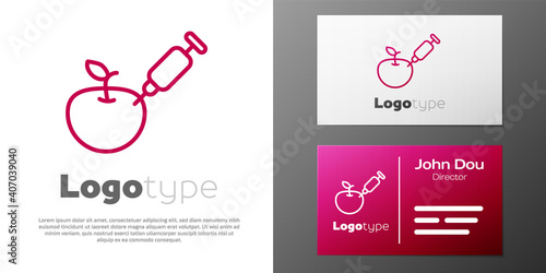 Logotype line Genetically modified apple icon isolated on white background. GMO fruit. Syringe being injected to apple. Logo design template element. Vector.