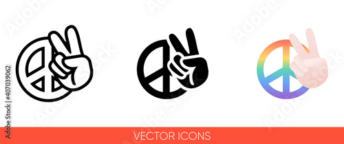 Peace sign hand with fingers and pacific sign, international symbol of peace, antiwar movement in rainbow color icon of 3 types color, black and white, outline. Isolated vector sign symbol.