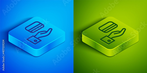 Isometric line Digital door lock with wireless technology for unlock icon isolated on blue and green background. Door handle sign. Security smart home. Square button. Vector.