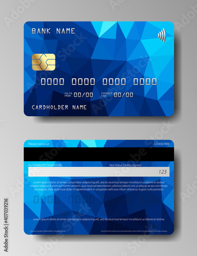 Blue colored credit plastic card with emv chip. Front and back side. Money, payment symbol.