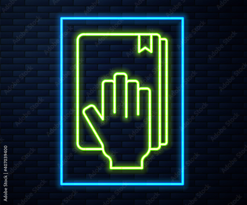 Glowing neon line Oath on the Holy Bible icon isolated on brick wall background. The procedure in court. Truth and truth. Promise before god. Vector. Glowing neon line Oath on the Holy Bible icon isolated on brick wall background. The procedure in court. Truth and truth. Promise before god. Vector.