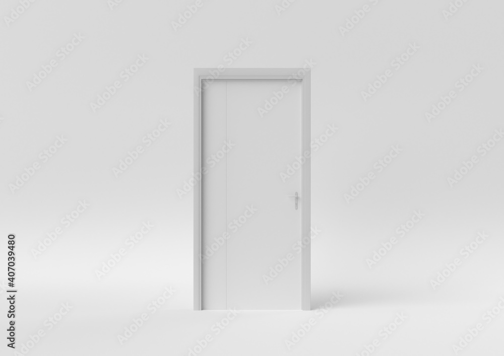 Closed White Door on white background. minimal concept idea creative. monochrome. 3D render. Closed White Door on white background. minimal concept idea creative. monochrome. 3D render.
