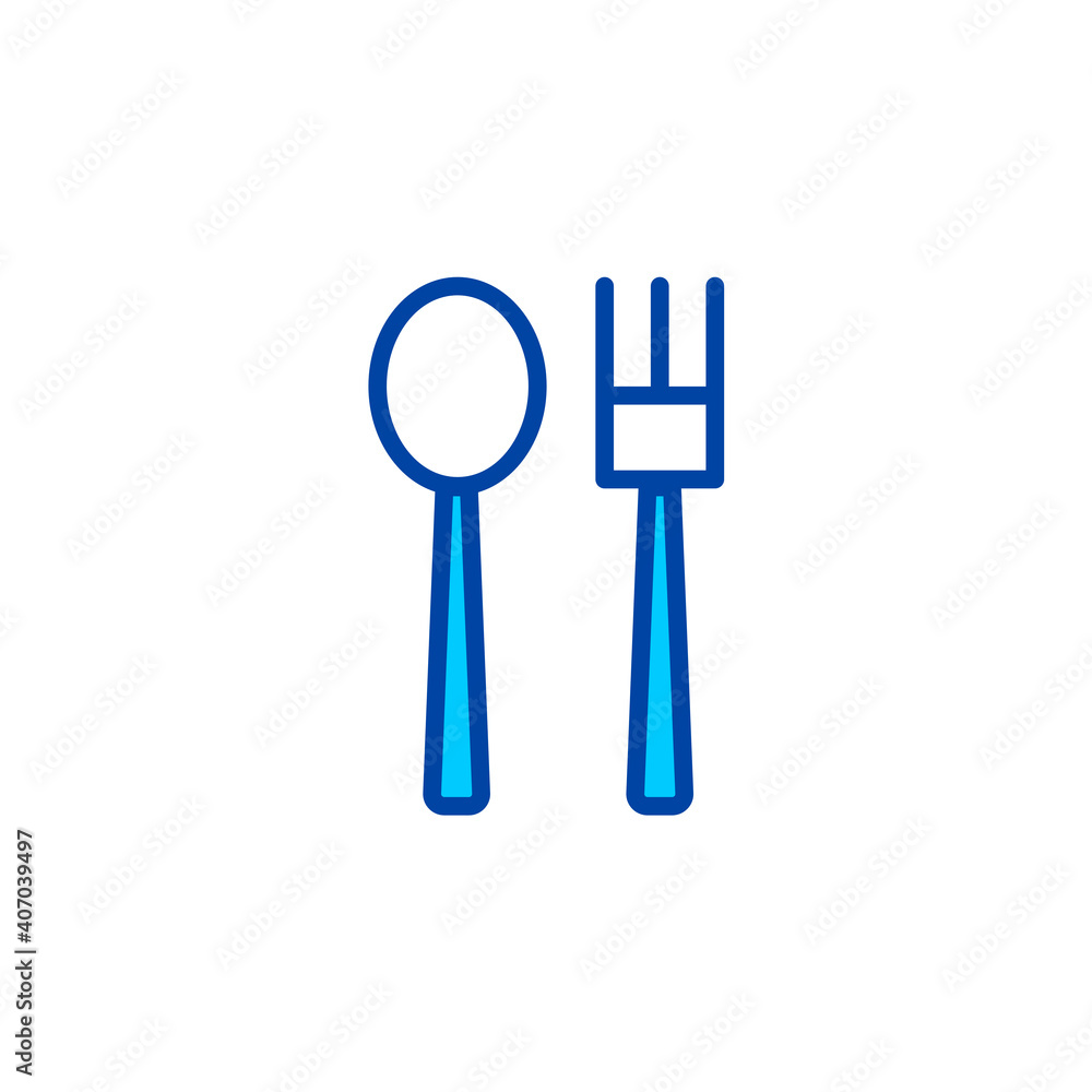 Fototapeta premium Spoon and fork icon. Icon for cafe and restaurant in blue style.