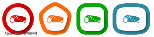 Robot, automatic grass mower vector icon set, flat design buttons on white background