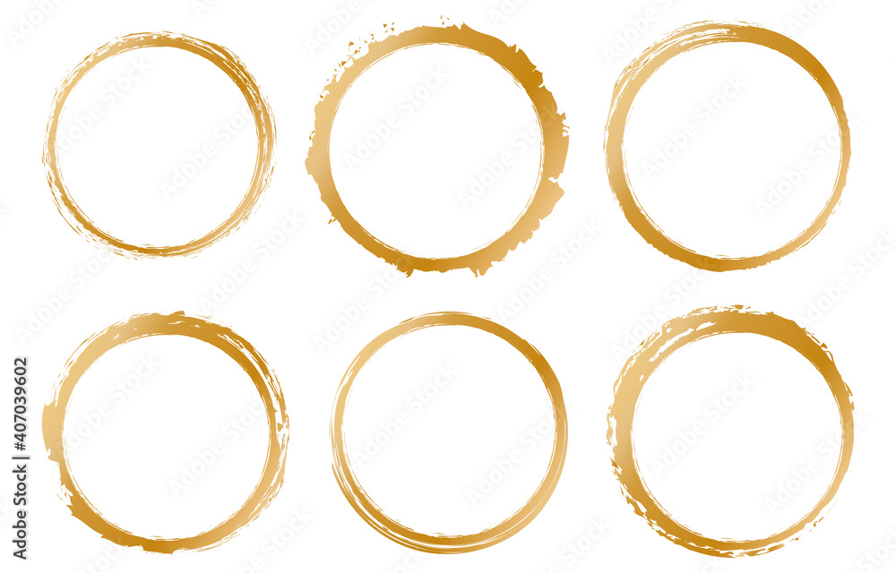set of gold round brush painted ink stamp circle banner on transparent background	