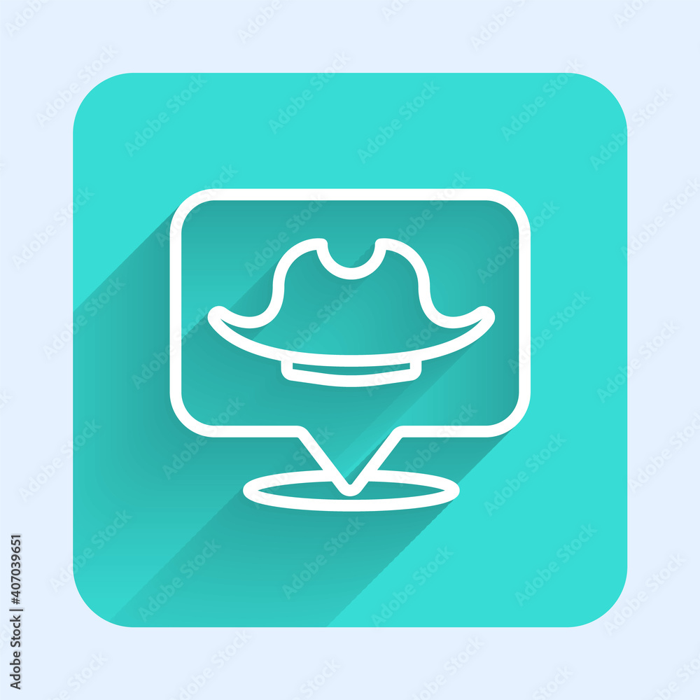 White line Location pirate icon isolated with long shadow. Green square button. Vector. White line Location pirate icon isolated with long shadow. Green square button. Vector.