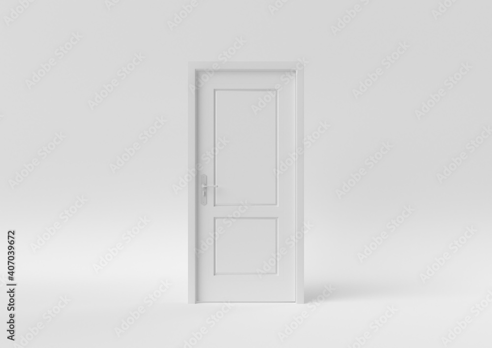 Closed White Door on white background. minimal concept idea creative. monochrome. 3D render. Closed White Door on white background. minimal concept idea creative. monochrome. 3D render.