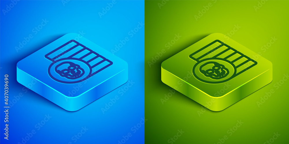 Isometric line Pirate coin icon isolated on blue and green background. Square button. Vector. Isometric line Pirate coin icon isolated on blue and green background. Square button. Vector.