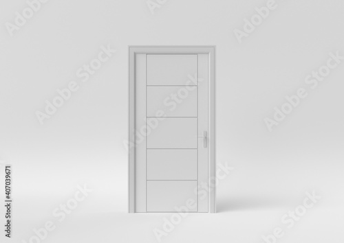 Closed White Door on white background. minimal concept idea creative. monochrome. 3D render.