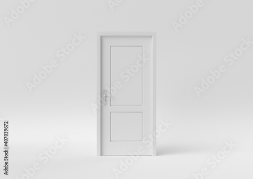 Fototapeta Naklejka Na Ścianę i Meble -  Closed White Door on white background. minimal concept idea creative. monochrome. 3D render.