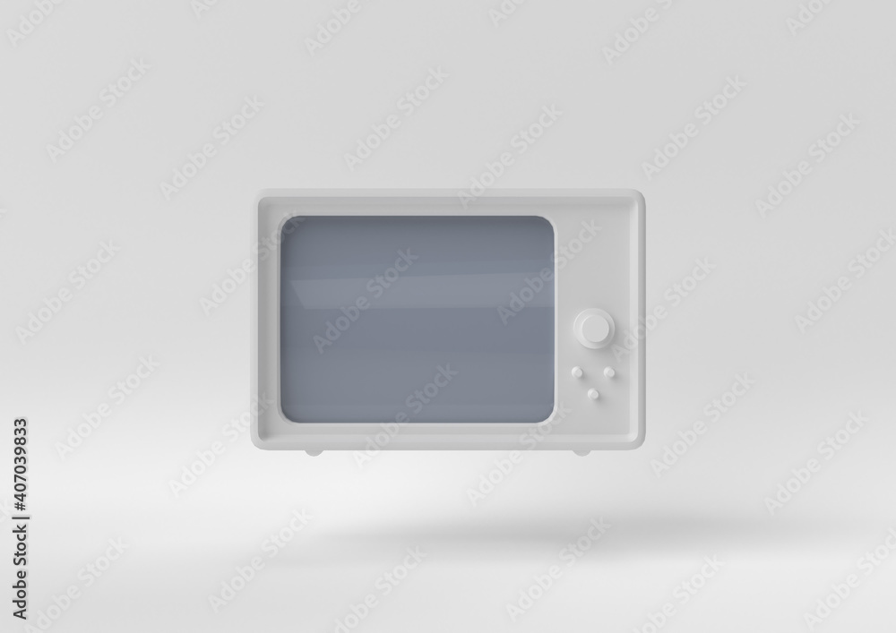 white retro old tv floating on white background. minimal concept idea. 3D render. white retro old tv floating on white background. minimal concept idea. 3D render.