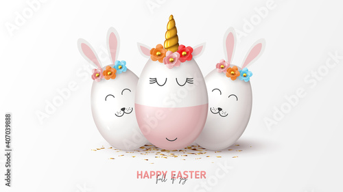 Happy Easter holiday banner. Cute unicorn and rabbits from eggs with color flowers, gold confetti. Vector illustration with 3d decorative objects for Easter design. Greeting card.
