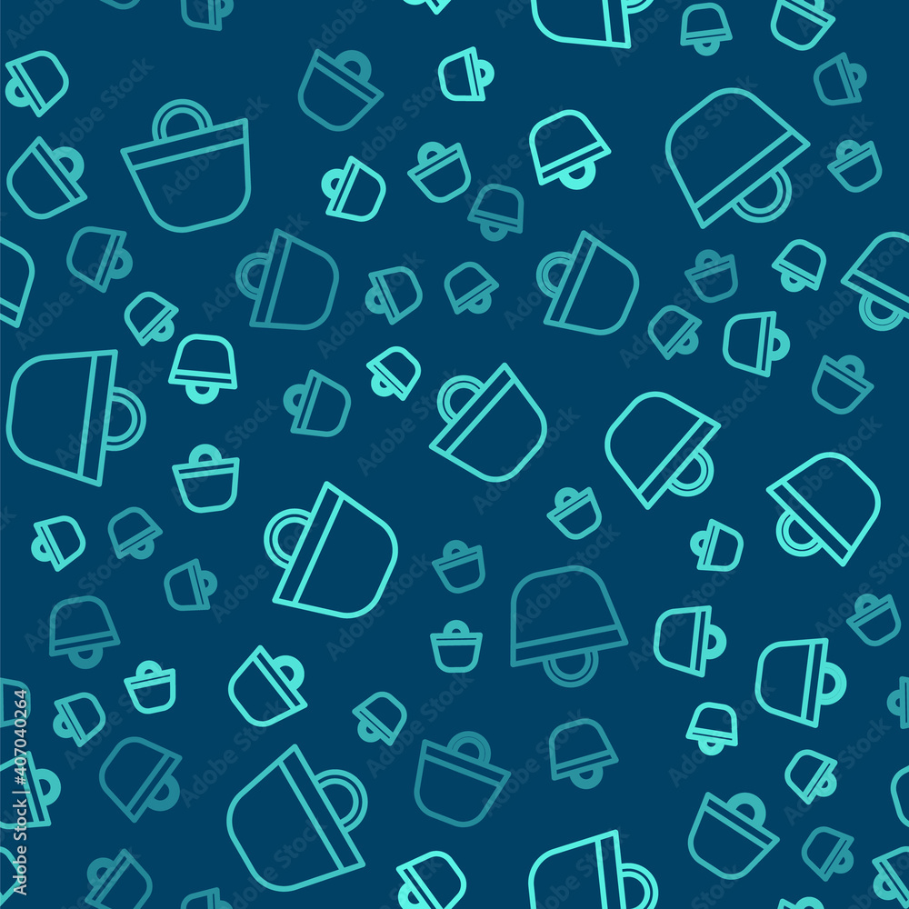 Green line Beach bag icon isolated seamless pattern on blue background. Vector.