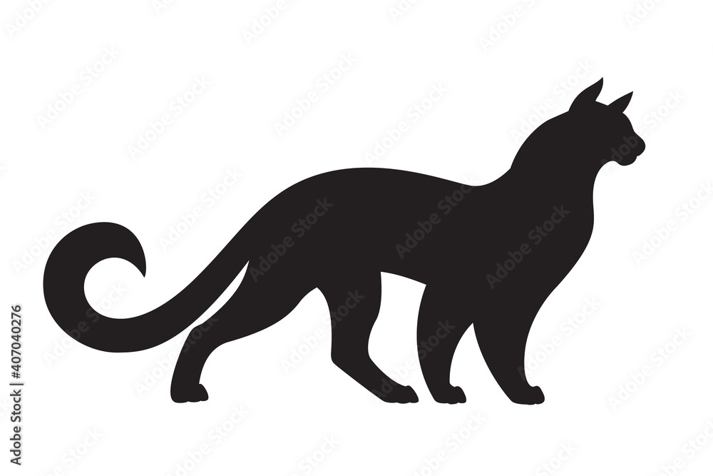 Walking cat silhouette. Vector elegant pussicat illustration isolated on white background for brand logo or tattoo
