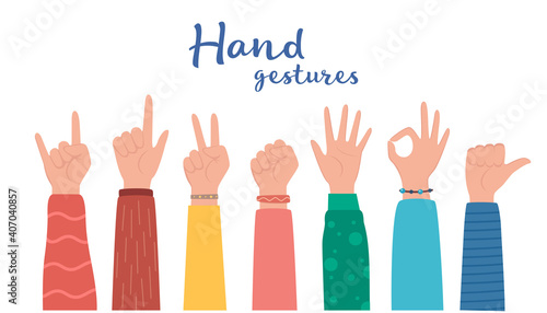 Hand gesture set. human hands showing thumbs up, pointing and greeting, OK. Various hand symbols. Interactive communication set. Vector illustration.