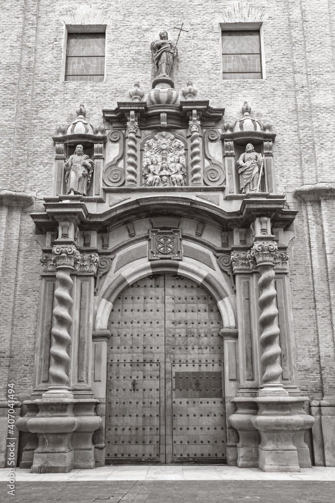 ZARAGOZA, SPAIN - MARCH 2, 2018: The baroque portal of church Iglesia de San Felipe y Santiago el Menor.