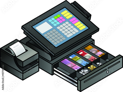 A slim profile touchscreen point of sale terminal with a card reader, receipt printer, and cash drawer. Cash drawer is shown open and filled with notes and coins.