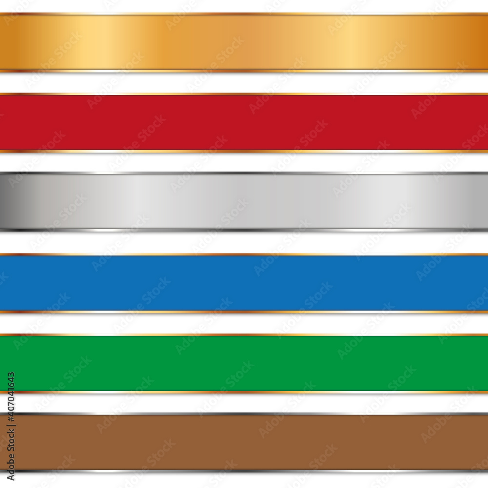 Naklejka premium set of long ribbon banners with gold and silver frame on white background 