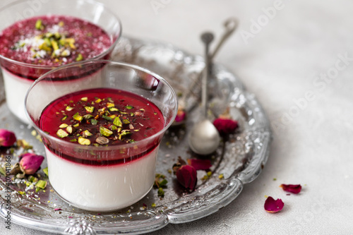  Malabi (muhallebi) milk pudding with pistachios. Arabic desert