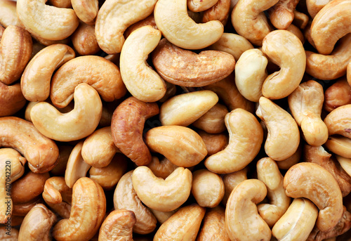 Roasted cashew nuts background. The view from top photo