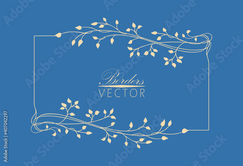 Vector border or frame background in blue azure color with elegant floral corners and border pattern, graceful hand drawn ivy vines and flourishes in ornate champagne beige label or tag design