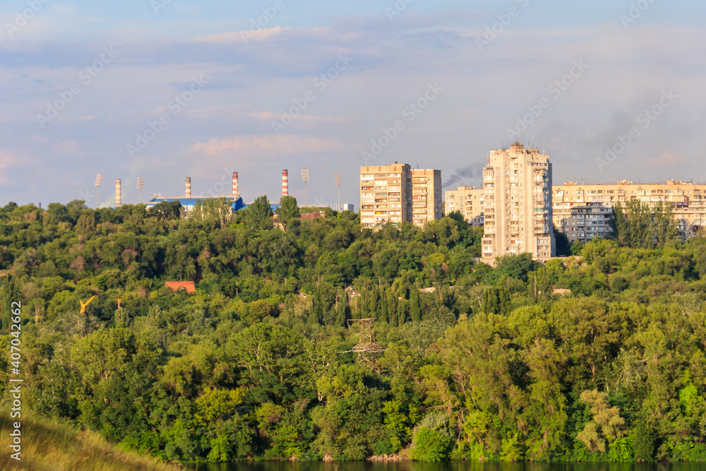 Fototapeta premium View of Zaporizhia city from Khortytsia island, Ukraine