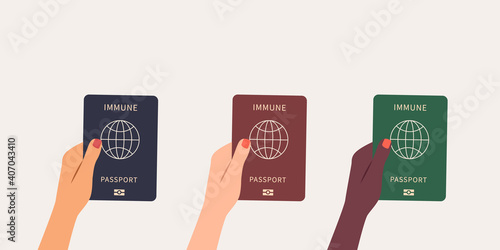 Colorful human hands holding Covid-19 various colored immune passport collection , vaccinated, coronavirus negative result, vaccination certificate. Modern vector illustration flat style. New reality.