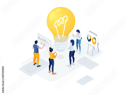 Idea Flat isometric vector business illustration. small people characters develop creative business idea. Isometric big light bulb as metaphor idea. Graphics design for posters, flyers and banners