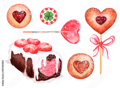 Baking in the shape of hearts. Cookies, gingerbread, cupcakes, lollipops for Valentine's Day. The images are hand-drawn and isolated on a white background.