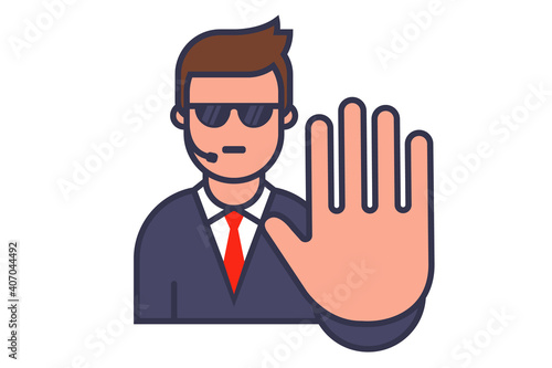 bodyguard icon with sunglasses and walkie-talkie. show stop hand gesture. flat vector character illustration.