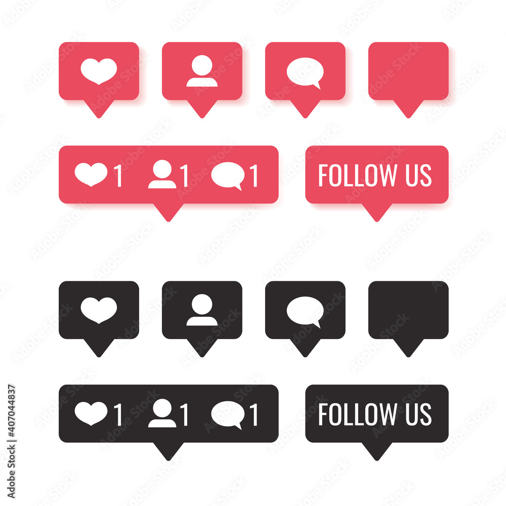 Set of social media notification pink and black icon - like, follower, comment, follow us button isolated on white background. Computer web site and mobile app design 3d and flat. Vector illustration Set of social media notification pink and black icon - like, follower, comment, follow us button isolated on white background. Computer web site and mobile app design 3d and flat. Vector illustration