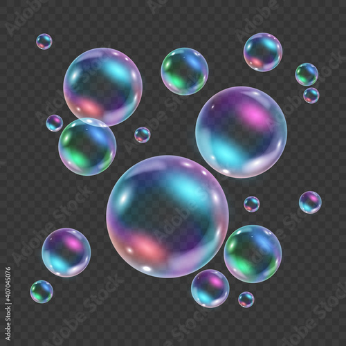 Rainbow colorful underwater bubble isolated on transparent background. Realistic vector illustration of air or soap water bubbles with reflections. Floating iridescent shiny shampoo foam balls
