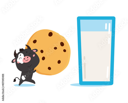 Illustration of farm cow with glass of milk and cookies. Cute cartoon animal character on white background. Vector funny mascot for printing on products and packaging containing milk in simple style. photo