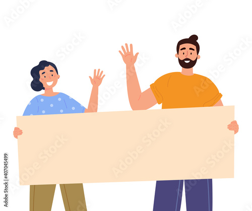 Man and woman holding a blank poster with place for text. A young people holds a bullet leaf in their hands. Teenagers shows a poster and waving their hands. Vector trendy illustration.
