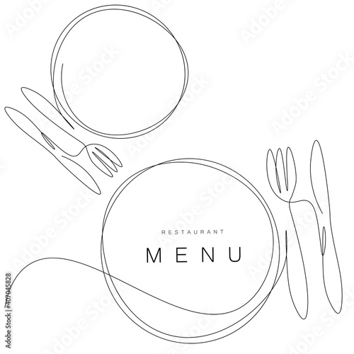 Cuadro en lienzo Menu restaurant background with plate, fork and knife, vector illustration