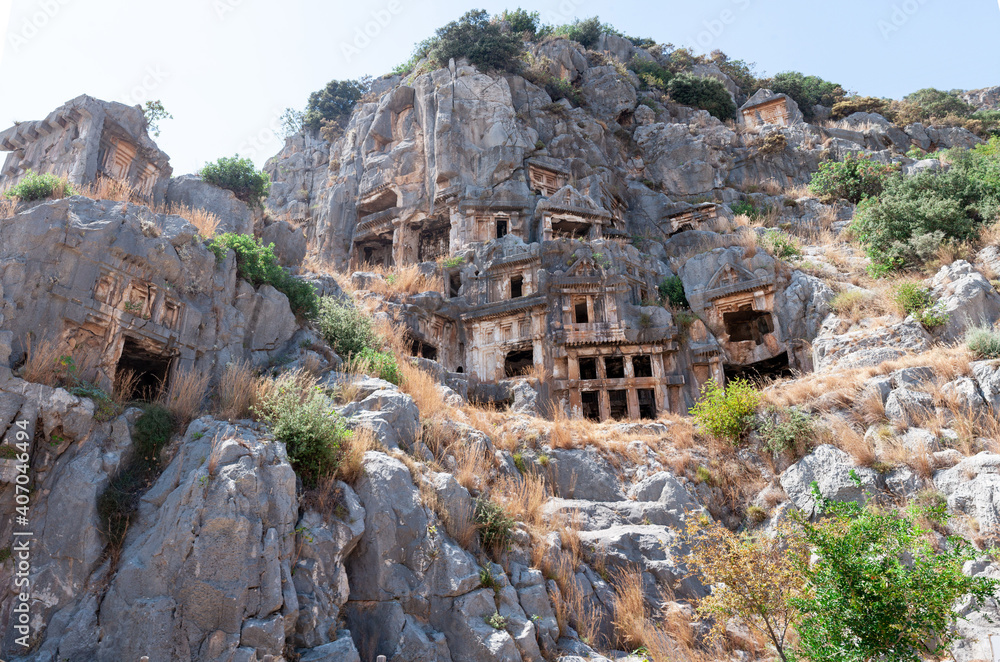 Lycian rock-cut tombs in Myra, Antalya province, Turkey.