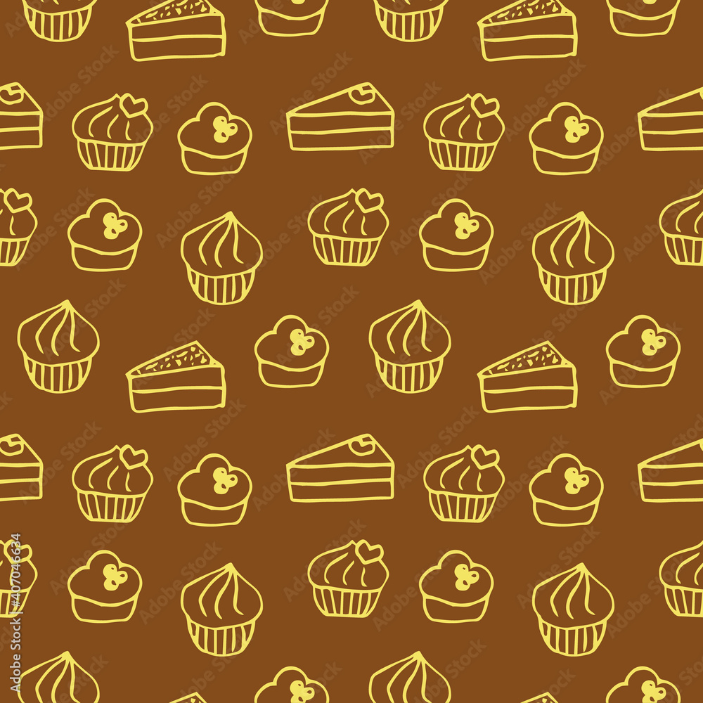 Seamless pattern sponge cream cakes and cupcakes decorated with berries and hearts, vector doodle illustration, brown Seamless pattern sponge cream cakes and cupcakes decorated with berries and hearts, vector doodle illustration, brown