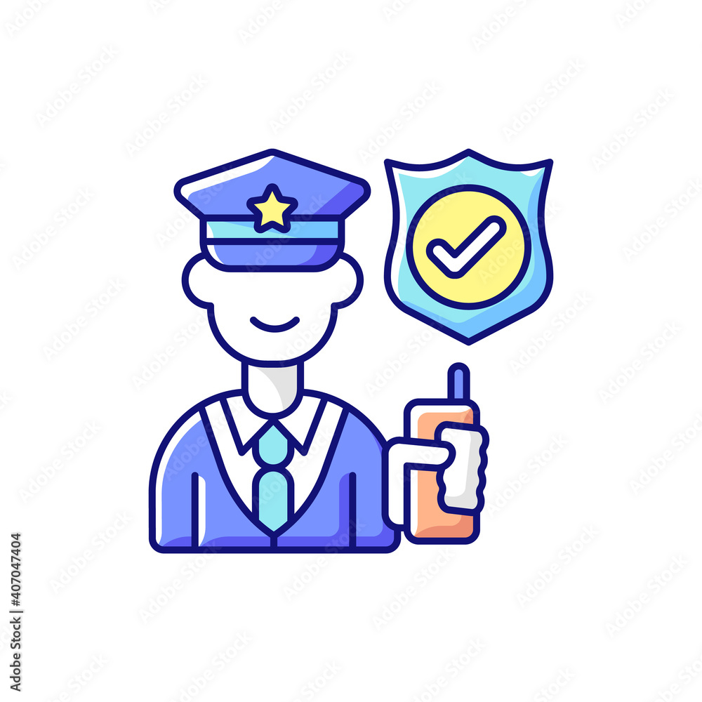 Service staff RGB color icon. Machine maintenance, building repairs. Security guard. Patrolling, monitoring premises. Safe environment for personnel and customers. Isolated vector illustration