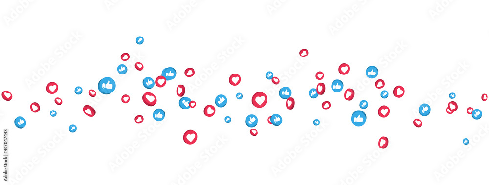 Like and thumbs up icons on long banner. Social media elements. Counter notification border. 3d social network symbol. Emoji reactions. Vector illustration