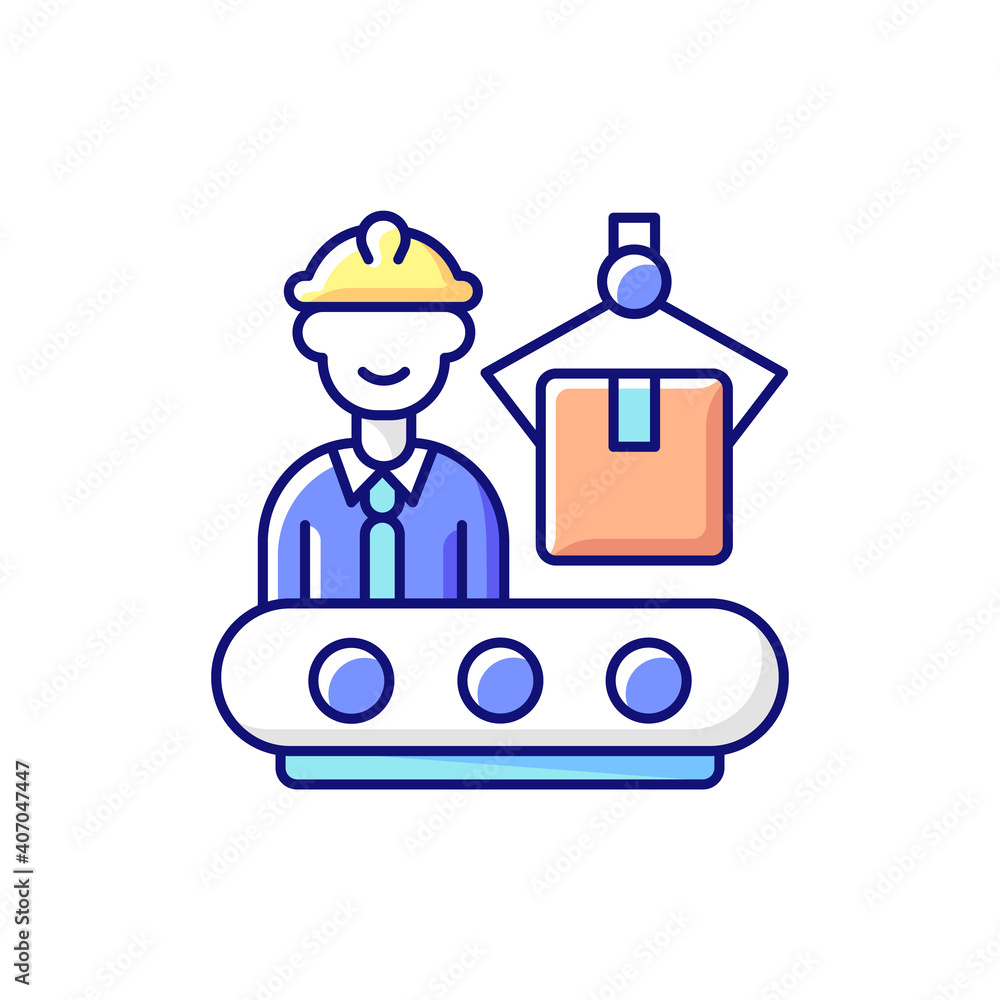 Production department RGB color icon. Responsibility for goods manufacture. Mechanics, maintenance personnel, machine operators. Converting raw materials. Isolated vector illustration