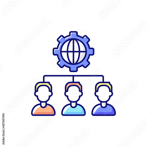 Outsourcing RGB color icon. Obtaining goods and services from foreign supplier. Business practice. External workforce. Hiring another company for performing tasks. Isolated vector illustration