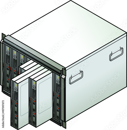 Server component: blade server combo with eight blades. Three blades are being removed.